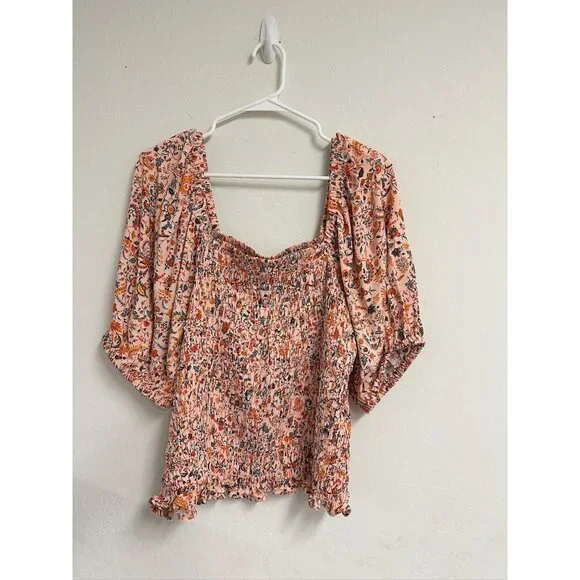 Shirts/NWT Old Navy Peach Floral Smocked Puff Sleeve Peplum Square Neckline XL - Picture 6 of 12